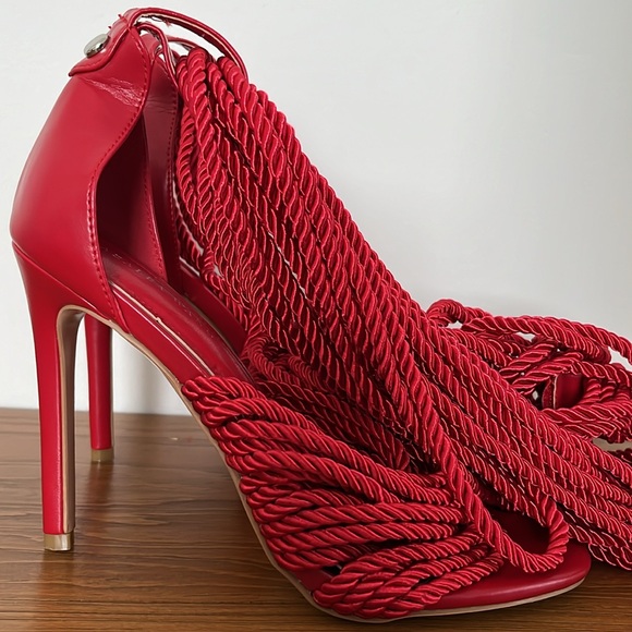 EUC AZALEA WANG Totally Knotted Up Rope Charlene Sandal Heels in Red - Picture 14 of 16